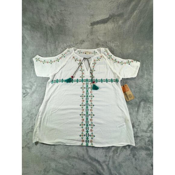 Ruff Hewn Womens Blouse Large Boho Embroidered Cold Shoulder Short Sleeve Tassel - Picture 3 of 16